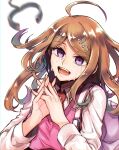  1girl :d ahoge akamatsu_kaede backpack bag bangs blonde_hair brown_neckwear chain collar collar_removed collared_shirt commentary_request crying crying_with_eyes_open danganronpa_(series) danganronpa_v3:_killing_harmony eyebrows_visible_through_hair floating_hair hair_ornament hands_clasped hands_up highres kitsunebi_v3kokonn long_hair long_sleeves looking_at_viewer metal_collar musical_note musical_note_hair_ornament necktie open_mouth own_hands_together pink_bag pink_sweater purple_eyes school_uniform shirt signature smile solo spoilers sweater sweater_vest tears upper_body white_background white_shirt 