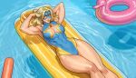  1girl abs absurdres afloat amulet armpits arms_behind_head bare_legs blonde_blazer blonde_hair blue_mask blue_one-piece_swimsuit breasts cleavage cleavage_cutout clothing_cutout commentary covered_abs covered_navel dispatch english_commentary eye_mask from_above hand_in_own_hair highres inflatable_raft jewelry lady_santos large_breasts lying mask muscular muscular_female necklace official_alternate_costume on_back one-piece_swimsuit paid_reward_available pool pool_float smile solo star_cutout swim_ring swimsuit thighs water yellow_trim 