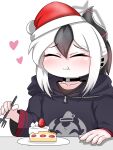  1girl :t =_= black_choker black_hair black_hoodie black_horns blue_archive blush cake cake_slice choker closed_eyes closed_mouth collarbone commentary_request demon_girl demon_horns doodle_sensei_(blue_archive) ear_piercing eating food food_on_face fork fur-trimmed_headwear fur_trim grey_halo hair_between_eyes halo hat heart highres holding holding_fork hood hood_down hoodie horns kayoko_(blue_archive) long_sleeves medium_hair mole mole_on_collarbone multicolored_hair piercing ponytail red_hat santa_hat sensei_(blue_archive) simple_background solo tomimon translation_request two-tone_hair white_background white_hair 