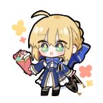  1girl ahoge artoria_pendragon_(fate) blonde_hair blue_bow blue_bowtie blue_dress bow bowtie braid braided_bun chibi chibi_only crepe dress fate/stay_night fate/unlimited_blade_works fate_(series) food gold_trim green_eyes hair_bow hair_bun highres holding holding_crepe holding_food honkai:_star_rail honkai_(series) ice_cream_crepe juliet_sleeves long_sleeves puffy_sleeves saber_(fate) saber_(honkai:_star_rail)_(fate) shio_kuzumochi sidelocks solo sparkle sparkling_eyes two-tone_dress white_background 