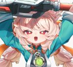  1girl akaika_(aka) animal_ear_fluff animal_ear_piercing animal_ears arms_up blush braid braided_twintails bright_pupils commentary_request furry furry_female green_shirt highres holding holding_sword holding_weapon long_hair looking_at_viewer open_mouth pink_fur pink_hair portrait rabbit_ears rabbit_girl red_eyes shirt short_eyebrows simple_background solo sword thick_eyebrows weapon white_background white_pupils zenless_zone_zero zhao_(zenless_zone_zero) 