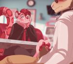 2025 4_toes animal_genitalia animal_penis anthro anthro_on_anthro bell bell_collar blue_highlights blurred_foreground blush bodily_fluids bottomwear canine_genitalia canine_penis clothing collar colored digital_drawing_(artwork) digital_media_(artwork) duo ear_piercing ear_ring eyewear feet felid foot_fetish foot_play footjob fur furniture genital_fluids genitals glasses hair hi_res highlights_(coloring) inner_ear_fluff inside lagomorph lawkie leporid male male/male mammal markings pantherine pants pawpads penile penis penis_tip piercing pink_body pink_fur pink_penis precum rabbit red_pawpads restaurant ring_piercing round_glasses sex shaded sheath shirt shorts snow_leopard spots spotted_body table tail teasing toes topwear tuft whiskers