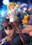  1boy 2girls :d absurdres ahoge arcueid_brunestud black_hair black_socks blonde_hair blue_eyes blue_hair blue_jacket blue_moon blue_skirt blush boots bow breasts brown_boots brown_pantyhose ciel_(tsukihime) commentary_request fighting_stance floating floating_hair full_moon glasses green_bow hair_between_eyes hair_intakes highres jacket miniskirt moon multiple_girls mystic_eyes_of_death_perception nanatsu-yoru pantyhose reaching reaching_towards_viewer red_eyes reverse_grip school_uniform shirt skirt smile socks souya_high_school_uniform sweater thighs tohno_shiki tsukihime tsukihime_(remake) turtleneck turtleneck_sweater vest watermark white_shirt white_sweater yellow_vest yujin_(kanouyuuto-0423) 