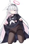  1girl absurdres black_hairband black_serafuku black_skirt blue_archive braid brown_pantyhose clothes_lift colored_inner_hair commentary commentary_request eyes_visible_through_hair grey_eyes grey_hair hair_over_one_eye hairband halo highres kneeling lifting_own_clothes looking_at_viewer multicolored_hair panties panties_under_pantyhose pantyhose pink_hair plana_(blue_archive) pleated_skirt red_halo red_pupils school_uniform serafuku simple_background single_braid skirt skirt_lift sob_(submar1089) solo two-tone_hair underwear white_background 