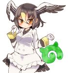  >:) 1girl black_hair black_necktie black_shirt blonde_hair blush closed_mouth collared_shirt commentary_request cowboy_shot frilled_skirt frills gloves hair_between_eyes hands_up head_wings highres ini_(inunabe00) jacket japari_symbol kemono_friends long_sleeves looking_at_viewer miniskirt multicolored_hair necktie northern_goshawk_(kemono_friends) orange_eyes pantyhose shirt short_hair simple_background skirt smile solo two-tone_hair v-shaped_eyebrows white_background white_gloves white_jacket white_pantyhose white_skirt wings 