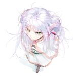  1girl absurdres belt boots brown_boots commentary_request earrings elf expressionless foreshortening frieren from_above green_eyes highres jewelry long_hair meme parted_lips pointy_ears rairakku shadow short_eyebrows simple_background solo sousou_no_frieren teardrop_earrings white_background white_hair 