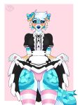 absurd_res anthro big_breasts blue_body blue_eyes blue_fur blue_nose blush blushing_at_viewer breasts camel_toe canid canine canis clothing domestic_dog female fur hair hi_res holding_clothing holding_object legwear maid_apron maid_uniform mammal multicolored_body multicolored_clothing multicolored_fur multicolored_legwear multicolored_thigh_highs panties pawpads pink_background pink_clothing pink_legwear pink_panties pink_pawpads pink_paws pink_thigh_highs pink_underwear simple_background sky_blue_fur solo summer_shore(kory_the_fox) tan_body tan_fur thick_thighs thigh_highs underwear uniform vampybooxo white_body white_clothing white_fur white_hair white_legwear white_thigh_highs