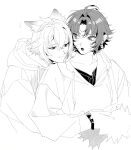  2boys absurdres animal_ear_fluff animal_ears asaba_harumasa closed_mouth collarbone commentary crew_neck cropped_torso double-parted_bangs drawstring ears_down frown hair_behind_ear hair_between_eyes highres hood hood_down hoodie hug hug_from_behind long_sleeves looking_at_another looking_to_the_side male_focus multiple_boys open_mouth parted_bangs pd_honey seth_lowell shirt simple_background symbol-only_commentary tail upper_body white_background yaoi zenless_zone_zero 