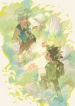  2boys alternate_costume backpack bag bei_18 black_hair blue_eyes brown_pants brown_shoes collared_shirt commentary crossbody_bag eye_contact from_above full_body gon_freecss green_shirt hand_on_own_hip highres holding holding_map hunter_x_hunter killua_zoldyck looking_at_another male_focus map multiple_boys pants shirt shoes short_hair standing symbol-only_commentary white_hair white_shirt 