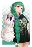 absurdres apron band_shirt black_shirt blunt_bangs bow bowtie braid braided_ponytail clothes_hanger commentary english_commentary green_hair halzion highres holding holding_apron holding_clothes_hanger lebanne_(pokemon) long_braid long_hair long_shirt merchandise no_pants obi3 pokemon pokemon_legends:_z-a print_shirt shirt short_sleeves t-shirt tsurime unworn_apron white_bow 