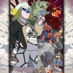  1boy artist_name barbaracle black-framed_eyewear black_jacket blonde_hair blue_gem claws closed_mouth coalossal commentary company_name copyright_notice english_commentary fangs from_side gem gigalith gigantamax_coalossal glowing glowing_eyes glowing_hot glowing_mouth gordie_(pokemon) grey_shorts heavy_ball holding holding_poke_ball instagram_username jacket male_focus medium_hair merchandise_available multicolored_hair official_style open_clothes open_jacket outline poke_ball poke_ball_(basic) pokemon pokemon_(creature) pokemon_swsh shirt shorts shuckle smile stonjourner sunglasses tom_higgins two-tone_hair tyranitar waist_poke_ball watermark white_hair white_outline white_shirt 