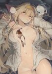  1girl :&lt; areola_slip areolae bare_shoulders blonde_hair breasts chocolate_on_body chocolate_on_breasts closed_mouth hair_between_eyes highres hyocorou kyouka_jinrui_amunero lactation large_breasts long_hair lying navel on_back open_clothes open_shirt shirt solo sweat thighs valentine white_shirt yellow_eyes 