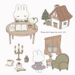  animal animal_focus ayu_(mog) book candle chair closed_eyes commentary_request couch cup curtains dress english_commentary flower fork green_shirt grey_dress house lamp long_sleeves mixed-language_commentary no_humans open_book original rabbit red_flower romaji_commentary round_table saucer shirt simple_background table teacup tree vase white_background window yellow_flower 