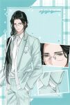  1boy absurdres alternate_costume alternate_hairstyle badge bespectacled bishounen black_hair blue_background blue_jacket blue_pants character_name closed_mouth collared_shirt contemporary copyright_name cowboy_shot english_text gearous glasses hair_over_shoulder hair_ribbon hand_in_pocket highres jacket lan_wangji long_hair long_sleeves looking_at_viewer low-tied_long_hair male_focus modao_zushi multiple_views necktie official_art pants photo_(object) ribbon school_uniform shirt solo sparkle standing suit suit_jacket third-party_source very_long_hair white_necktie white_ribbon white_shirt yellow_eyes 