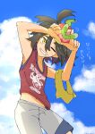  1boy absurdres ahoge apple applin arms_up black_hair clothes_lift cloud cloudy_sky colored_inner_hair commentary_request food fruit grin hairband hands_up highres kieran_(pokemon) looking_at_viewer male_focus midriff_peek mole mole_on_neck multicolored_hair navel on_head one_eye_closed outdoors pokemon pokemon_(creature) pokemon_on_head pokemon_sv purple_hair raina1147 red_tank_top shirt_lift shorts sky smile solo tank_top teeth translation_request triangle_hands two-tone_hair unworn_hairband white_shorts worm yellow_eyes yellow_hairband 