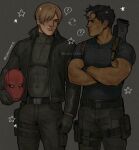  2boys artist_name batman_(series) black_bodysuit black_gloves black_hair blue_eyes bodysuit brown_hair ciricearts cosplay crossover curtained_hair dc_comics fingerless_gloves gloves highres holster jacket jason_todd knife_sheath large_pectorals leon_s._kennedy leon_s._kennedy_(cosplay) male_focus mask multiple_boys muscular muscular_male pants pectorals red_hood_(dc) red_hood_(dc)_(cosplay) red_mask resident_evil resident_evil_4 sheath shirt short_hair shoulder_holster superhero_costume tight_clothes tight_shirt twitter_username watermark 
