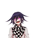  1boy bangs checkered checkered_scarf commentary_request danganronpa_(series) danganronpa_v3:_killing_harmony double-breasted evil_smile fangs grey_jacket hair_between_eyes highres jacket kitsunebi_v3kokonn looking_at_viewer male_focus messy_hair open_mouth ouma_kokichi pink_eyes purple_eyes purple_hair scarf simple_background smile solo straitjacket upper_body white_background 