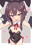  1girl :d animal_ears bare_shoulders black_gloves black_leotard blush blush_stickers border breasts brown_hair commentary_request detached_collar double_v fake_animal_ears fingerless_gloves gloves grey_background groin heart highres kono_subarashii_sekai_ni_shukufuku_wo! leotard looking_at_viewer megumin neck_ribbon noyama_takenoko open_mouth playboy_bunny rabbit_ears red_eyes red_ribbon ribbon short_hair_with_long_locks sidelocks simple_background small_breasts smile solo strapless strapless_leotard teeth two-tone_background upper_teeth_only v white_border 