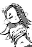  1girl arms_behind_back asymmetrical_bangs breasts budget_sarashi cephalopod_eyes chest_sarashi chestnut_mouth colored_inner_hair dot_nose earrings greyscale groin hair_over_one_eye highres jewelry koharu2.5 long_hair looking_at_viewer medium_breasts mole mole_on_stomach monochrome multicolored_hair multiple_earrings narrowed_eyes navel octoling sarashi shiver_(splatoon) simple_background solo splatoon_(series) tentacle_hair upper_body white_background 