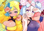  2girls aqua_hair blonde_hair blue_eyes blue_hair bow-shaped_hair breasts canari_(pokemon) character_hair_ornament cleavage dark-skinned_female dark_skin gram_9 hair_ornament hands_up highres iono_(pokemon) jacket long_hair long_sleeves looking_at_viewer mask mouth_mask multicolored_hair multiple_girls pink_hair pokemon rotom rotom_phone sharp_teeth split-color_hair teeth two-tone_hair two-tone_mask upper_body yellow_jacket zipper 