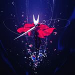  1girl arthropod_girl black_skin bubble cloak colored_skin corvus_noctis full_body highres holding holding_weapon hollow_eyes hollow_knight hollow_knight:_silksong horned_mask hornet_(hollow_knight) horns looking_at_viewer mask needle_(hollow_knight) red_cloak reverse_grip shadow silk solo weapon white_mask 