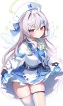  1girl absurdres angel angel_wings ass_visible_through_thighs bag beatrixa_(stella_sora) belt black_belt black_gloves blue_bow blue_necktie bow breasts closed_mouth collared_shirt commentary cowboy_shot cropped_shirt crossed_bangs frilled_skirt frills gloves grey_hair hair_between_eyes hair_bow hair_ornament halo hat heart high-waist_skirt highres long_sleeves medium_breasts necktie nurse nurse_cap nyaruin red_eyes satchel shirt simple_background skindentation skirt skirt_hold solo sparkle standing stella_sora stethoscope_around_neck thigh_gap thighhighs thighs white_background white_hat white_shirt white_thighhighs wings x_hair_ornament 
