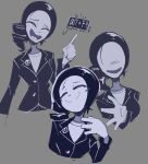  1girl artist_name black_hair blush breasts buttons closed_eyes closed_mouth drill_hair drill_ponytail faceless formal_clothes greyscale grin imscared jacket lapel_pin lapels monochrome open_mouth pointing restorer_(imscared) smile suit suit_jacket text_background theshammah undershirt 