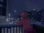  1girl against_railing braid brown_hair car city_lights cityscape closed_eyes hashtag-only_commentary highres lamppost long_hair long_sleeves looking_ahead madotsuki motor_vehicle night outdoors outline people photo_background pink_sweater pleated_skirt purple_skirt railing road_sign sign skirt sky stop sweater tokyo_(city) traffic_light truck twin_braids white_outline yume_nikki 
