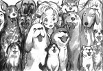  1girl :3 :d blush_stickers bosako_(haguhagu) dog_request greyscale haguhagu_(rinjuu_circus) highres horns long_hair messy_hair monochrome open_mouth original smile solo too_many_dogs 