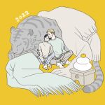  2022 2boys animal arm_around_back black_hair blonde_hair blue_pants chinese_zodiac closed_eyes commentary_request dated erwin_smith food grey_pants head_on_another's_shoulder highres kasagana_i levi_(shingeki_no_kyojin) male_focus mochi multiple_boys new_year pants scarf shingeki_no_kyojin short_hair simple_background sitting sleeping sleeves_past_wrists smile socks sweater tiger white_socks yaoi year_of_the_tiger yellow_background 