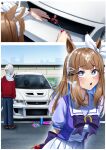  +_+ 1boy 1girl absurdres almond_eye_(umamusume) animal_ears blue_eyes blue_pants blush bow bow_hairband bowtie braid breasts brown_hair car colored_inner_hair commentary english_commentary hair_between_eyes hair_ornament hairband hairclip highres holding holding_screwdriver hood hoodie horse_ears horse_girl horse_tail long_hair long_sleeves manjo_(warito) medium_breasts mitsubishi_motors motor_vehicle multicolored_hair nervous_sweating paint pants pleated_skirt puffy_short_sleeves puffy_sleeves purple_bow purple_bowtie purple_shirt red_hoodie sailor_collar sailor_shirt school_uniform screwdriver shirt short_sleeves skirt spray_paint sweat symbol-shaped_pupils t-head_trainer_(umamusume) tail too_many_hair_ornaments tracen_school_uniform trainer_(umamusume) umamusume white_background white_hairband white_sailor_collar white_skirt x-shaped_pupils 