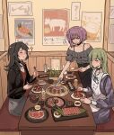  3girls bang_dream! bang_dream!_it's_mygo!!!!! black_choker black_hair black_jacket black_skirt blue_dress choker chopsticks closed_eyes closed_mouth dress food frilled_choker frills green_hair grey_shirt grey_skirt hair_ornament hairclip highres holding holding_chopsticks holding_tongs indoors jacket jewelry long_hair meat multiple_girls necklace off-shoulder_shirt off_shoulder parted_lips pink_eyes plaid_clothes plaid_dress poster_(object) purple_hair red_shirt restaurant shirt short_hair skirt smile sparkle sweatdrop tongs wakaba_mutsumi xiaowu0074 yahata_umiri yakiniku yellow_eyes yuutenji_nyamu 