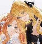  2girls blonde_hair blue_eyes breasts caitlin_(pokemon) closed_mouth commentary_request cynthia_(pokemon) dress fur_trim grey_eyes hair_ornament hair_over_one_eye highres long_hair long_sleeves looking_at_viewer multiple_girls pokemon pokemon_dppt pokemon_platinum sakaralalala simple_background smile very_long_hair zooming_in 