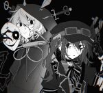  2girls chinese_commentary choker closed_mouth collar commentary_request goggles goggles_on_headwear greyscale hair_between_eyes holding holding_mask hood hood_up kalsept kurobe_nanoka kurobe_nanoka's_sister long_hair looking_at_viewer mahou_shoujo_no_majo_saiban mask monochrome multiple_girls narehate_(mahou_shoujo_no_majo_saiban) neck_ribbon puffy_short_sleeves puffy_sleeves ribbon robe short_sleeves siblings sisters spoilers tears twintails unworn_mask upper_body weapon weapon_on_back witch_(manosaba) 