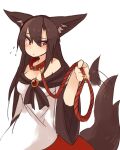  1girl animal_ear_fluff animal_ears averting_eyes bad_id bad_twitter_id bare_shoulders blush breasts brooch brown_dress brown_hair cleavage closed_mouth collar dress flying_sweatdrops gem holding holding_own_leash imaizumi_kagerou jewelry kaginoni leash long_hair looking_to_the_side medium_breasts multicolored_dress off-shoulder_dress off_shoulder offering_leash red_collar red_dress red_eyes red_gem simple_background solo tail tail_wagging touhou upper_body white_background white_dress wolf_ears wolf_girl wolf_tail 