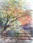  autumn bamboo closed_eyes commentary_request day no_humans nzwt original outdoors pond railing reflection reflective_liquid scenery signature tree water 