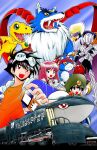  1girl 4boys agumon_(digimon_savers) armor armored_boots belt bird black_bodysuit black_hair blue_eyes blue_jacket bodysuit boots boxing_gloves closed_mouth commentary_request covered_eyes digimon digimon_(creature) digimon_next digivice_ic fangs furry furry_male gaogamon gaomon gauntlets goggles goggles_on_head green_eyes green_hat hat helmet holding_digimon hood hooded_jacket inui_yuu jacket kahara_shou kitajima_ami knight long_hair multiple_boys official_art okano_takeshi open_mouth orange_shirt pauldrons peaked_cap peckmon pink_hair pitchmon pointing railroad_tracks red_belt sharp_teeth shirt short_hair shoulder_armor tatsuno_tsurugi teeth trailmon_c-89 train wolf wrist_belt yellow_eyes 
