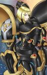  1girl alphamon alphamon_(cosplay) armor black_armor blonde_hair closed_mouth cosplay cowboy_shot digimon digimon_story:_cyber_sleuth highres kuremi_kyouko laser_(akirawai) long_hair smile solo 