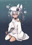  1girl air_bubble blue_eyes blush bubble choker closed_mouth commentary_request dace_(kancolle) dress grey_eyes grey_hair hair_between_eyes hat headgear kagesaki_yuna kantai_collection long_hair long_sleeves looking_at_viewer signature simple_background single_thighhigh sitting sleeves_past_fingers sleeves_past_wrists solo swimsuit swimsuit_under_clothes tan thighhighs wariza white_dress white_hat wide_sleeves 