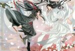  2boys ahoge bichen_sword bishounen black_boots black_hair black_hanfu boots branch chinese_clothes closed_mouth copyright_notice couple falling_petals floating floating_clothes floating_hair floating_object floating_weapon flower full_body full_moon gearous grey_pants hair_ribbon hand_on_another's_chin hand_up hanfu headband highres inset_border jian_(weapon) lan_wangji long_hair long_sleeves looking_at_another looking_at_viewer male_focus modao_zushi moon multiple_boys official_art pants parted_lips petals ponytail red_ribbon red_sash ribbon robe sash sidelocks sky_surfing smile smoke standing standing_on_sword suibian_sword sword sword_surfing sword_tassel tassel third-party_source topknot tree very_long_hair weapon wei_wuxian white_boots white_flower white_hanfu white_headband white_pants white_petals white_sash wide_sleeves xiao_guan_(headdress) yaoi yellow_eyes 