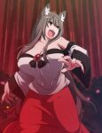  1girl animal_ear_fluff animal_ears bare_shoulders blurry bokeh breasts brooch brown_eyes brown_hair cleavage collarbone commentary_request cowboy_shot depth_of_field eyebrows_visible_through_hair fangs fingernails huge_breasts imaizumi_kagerou jewelry long_hair looking_to_the_side nail_polish night off_shoulder open_mouth otoufu_(wddkq314band) outdoors red_nails red_skirt sharp_fingernails shirt skirt solo standing tail touhou tree v-shaped_eyebrows very_long_hair white_shirt wolf_ears wolf_tail 