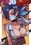  1girl bandage_over_one_eye blue_hair breasts cleavage gloves hair_between_eyes hair_over_one_eye hat hungry_clicker large_breasts mask mouth_mask nurse nurse_cap object_on_breast orange_background ponytail red_cross red_eyes saw short_sleeves skullgirls spiked_hair standing surgical_mask thermometer tied_hair valentine_(skullgirls) weapon weapon_on_back white_gloves 