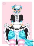 absurd_res anthro big_breasts blue_body blue_eyes blue_fur blue_nose blush blushing_at_viewer breasts camel_toe canid canine canis clothing domestic_dog female fur genitals hair hi_res holding_clothing holding_object legwear maid_apron maid_uniform mammal multicolored_body multicolored_clothing multicolored_fur multicolored_legwear multicolored_thigh_highs panties pawpads pink_background pink_clothing pink_legwear pink_panties pink_pawpads pink_paws pink_thigh_highs pink_underwear pink_vulva simple_background sky_blue_fur solo spread_vulva spreading summer_shore(kory_the_fox) tan_body tan_fur thick_thighs thigh_highs underwear uniform vampybooxo vulva white_body white_clothing white_fur white_hair white_legwear white_thigh_highs