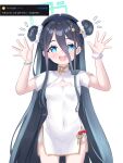  1girl :d absurdres alternate_costume alternate_hairstyle aqua_halo aris_(blue_archive) black_hair black_hairband blue_archive blue_eyes blush bow breasts bright_pupils china_dress chinese_clothes cleavage_cutout clothing_cutout commentary covered_navel cowboy_shot double-parted_bangs double_bun dress hair_between_eyes hair_bun hair_ornament hair_scrunchie hairband halo hands_up highres korean_text kuma_piv long_bangs long_hair long_hair_between_eyes long_sidelocks looking_at_viewer notice_lines open_mouth rectangular_halo red_bow ringed_eyes round_teeth scrunchie short_sleeves side_slit sidelocks simple_background small_breasts smile solo spread_fingers star_(symbol) star_hair_ornament straight-on straight_hair teeth upper_teeth_only very_long_hair white_background white_dress white_scrunchie 
