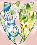3_toes ambiguous_gender blue_body blue_eyes blue_inner_ear blue_markings blue_ribbon brown_body brown_eyes brown_markings digitigrade duo eeveelution elemental_creature feet feral flora_fauna flower generation_4_pokemon glaceon gloves_(marking) green_body green_ribbon heart_symbol leaf leafeon leg_markings looking_at_viewer mammal markings multicolored_ribbon nameko nintendo pattern_background paws plant pokemon pokemon_(species) pupils quadruped rose_(flower) simple_background smile socks_(marking) striped_ribbon tail tail_markings toes white_pupils white_ribbon white_rose yellow_body