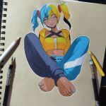  1girl :d ashwin_artss barefoot belt blonde_hair blue_hair blue_pants breasts canari_(pokemon) cleavage crossed_ankles eyelashes feet hair_ornament highres hood hood_down jacket knees_up looking_at_viewer medium_breasts midriff multicolored_hair nail_polish navel open_clothes open_jacket open_mouth outline pants pencil photoshop_(medium) pokemon pokemon_legends:_z-a purple_eyes sitting smile solo tan tanlines toenail_polish toenails toes traditional_media twintails two-tone_hair two-tone_pants white_outline 