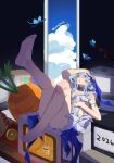  2026 absurdres arm_up armlet bare_shoulders barefoot blue_veil breasts commentary dress feet hair_between_eyes highres jewelry lennykaise medium_breasts microwave parted_lips purple_eyes shorekeeper_(wuthering_waves) sitting soles toes twitter_username veil white_dress wuthering_waves 