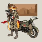 anthro belt belt_pouch binoculars boots bottomwear camo camo_bottomwear camo_clothing camo_jacket camo_pants camo_print clothing combat_boots ears_up footwear forest forest_background gun hair hat headgear headwear hi_res holding_binoculars holding_gun holding_object holding_ranged_weapon holding_rifle holding_weapon long_tail looking_aside male mawkvlt military military_clothing motorcycle nature nature_background pants pattern_bottomwear pattern_clothing pattern_pants plant ranged_weapon red_army red_hair rifle russian shoes solo soviet_union tail tree vehicle weapon wearing_hat white_hair