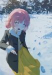  1girl black_jacket closed_eyes commentary_request double_bun footprints fur-trimmed_jacket fur_trim hair_bun highres jacket kaf_(kamitsubaki_studio) kamitsubaki_studio long_skirt m888992l7 outdoors pink_hair skirt smile snow solo sweater tree yellow_skirt 