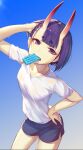  1girl adjusting_hair alternate_costume arm_up bangs blue_background blue_shorts blunt_bangs breasts casual collarbone commentary_request contemporary cowboy_shot eyebrows_visible_through_hair eyeshadow fang fang_out fate/grand_order fate_(series) food food_in_mouth from_above gradient gradient_background grey_shirt gym_shirt gym_shorts hand_on_hip highres horns kotoribako leaning_forward looking_at_viewer looking_up makeup mouth_hold oni oni_horns parted_lips popsicle purple_eyes purple_hair shirt short_hair short_sleeves shorts shuten_douji_(fate) signature skin-covered_horns small_breasts solo standing tsurime 
